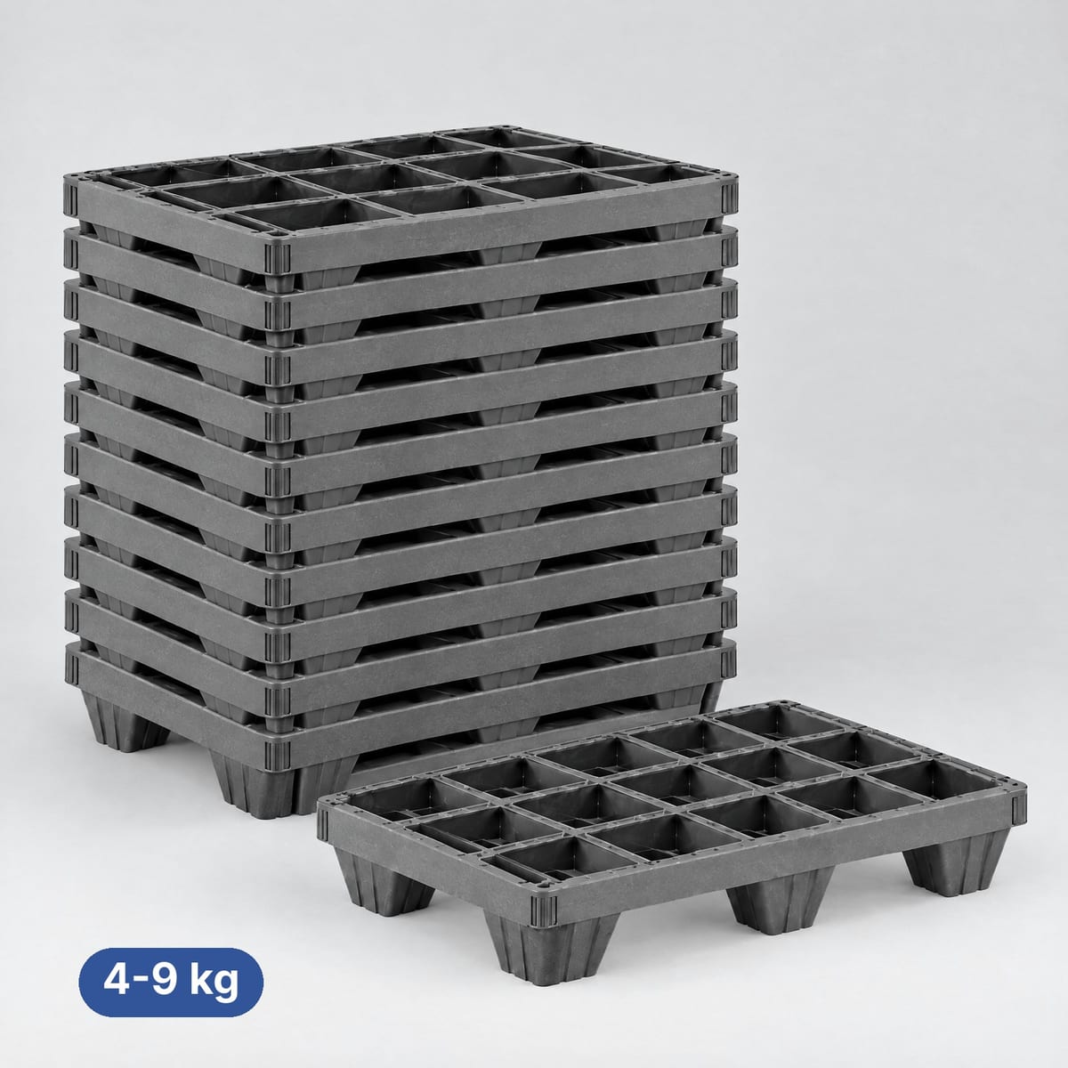 Stack of empty light nestable plastic pallets, one inside the other
