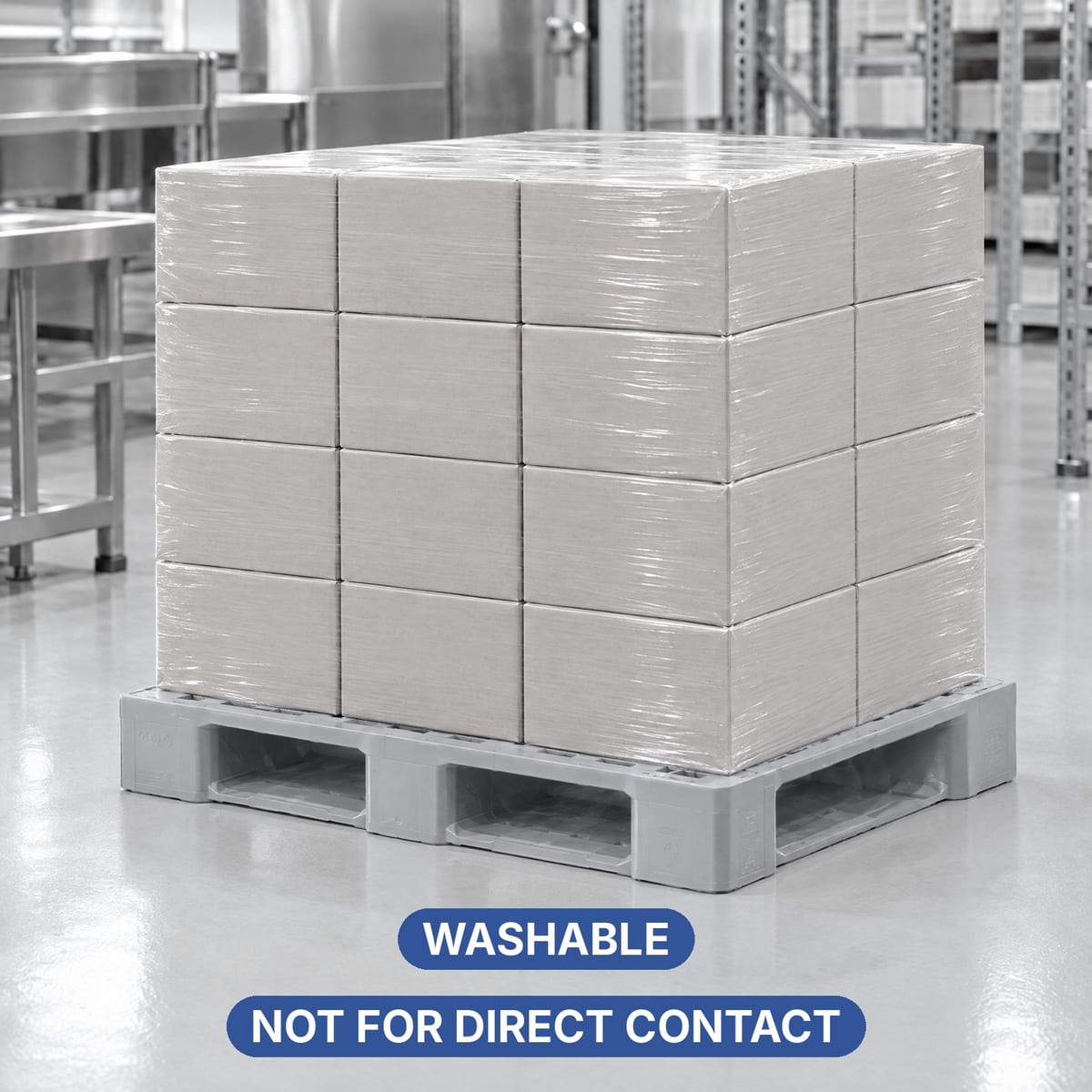 ROLL PPH1 hygienic pallet with closed runners in a clean warehouse with sealed boxes