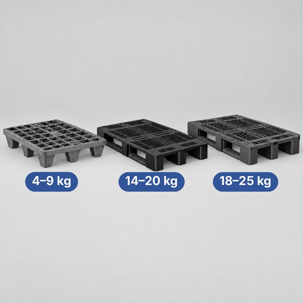 Three 1200x800 plastic pallets of different classes side by side