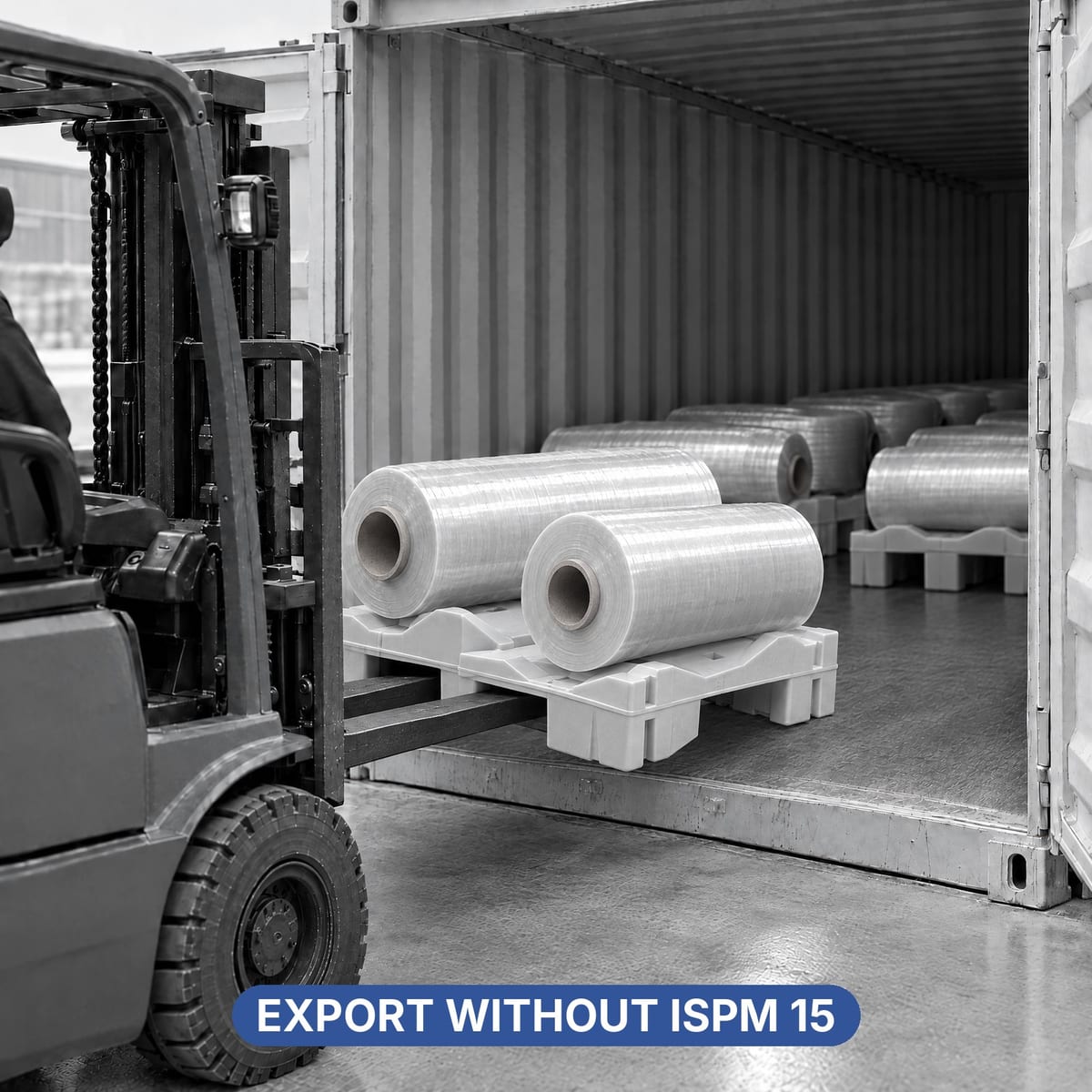 Plastic pallet with reels loaded into a container for export without phytosanitary treatment