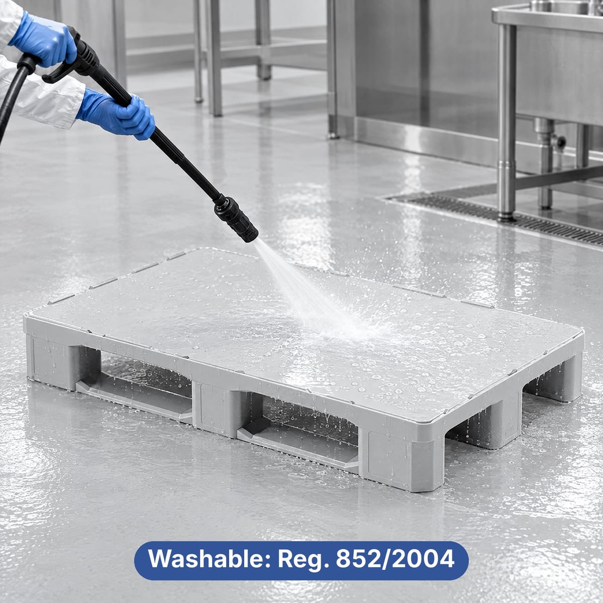 Closed-deck plastic pallet being cleaned with a pressure washer
